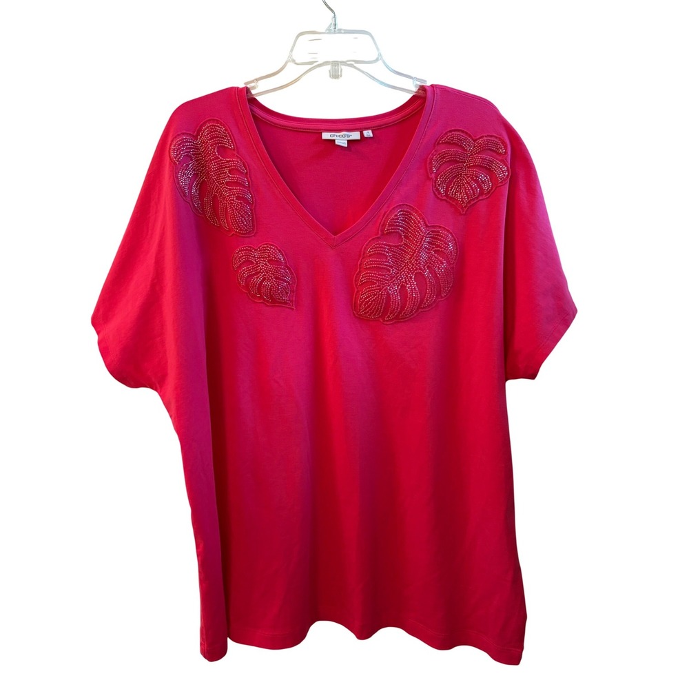 Chicos Pink Beaded Monstera Leaf V-Neck T-Shirt Tropical Coastal Size‎ (4) XXL